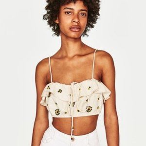 Zara | TRF Embroidered Linen Floral Crop Top